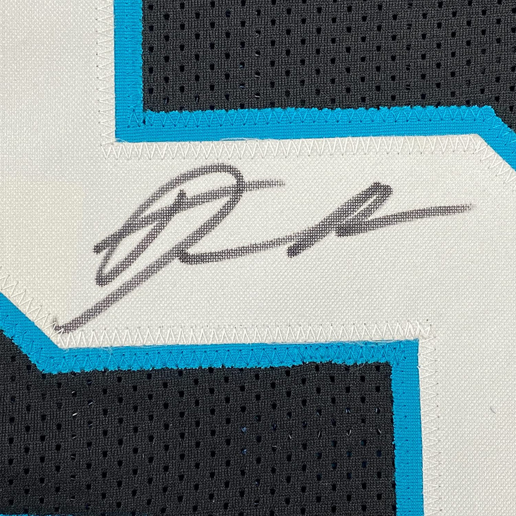 Framed Autographed/Signed Derrick Brown 35x39 Carolina Black Football Jersey JSA COA