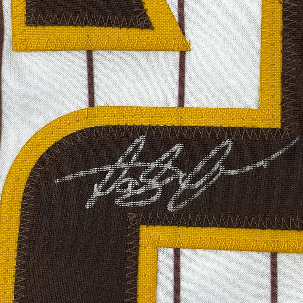 Framed Autographed/Signed Fernando Tatis Jr. 35x39 Slam Diego San Pinstripe Baseball Jersey JSA COA