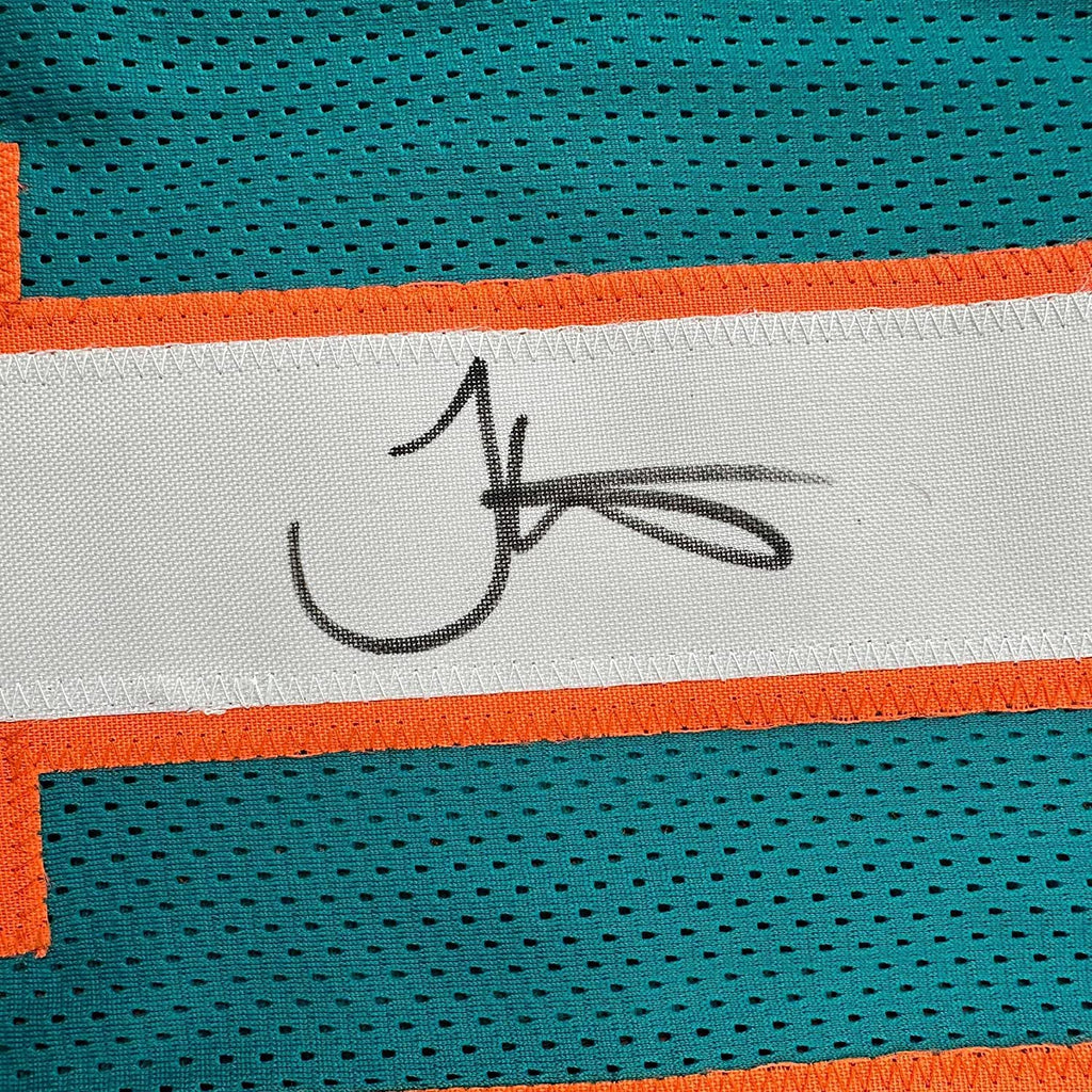 Framed Autographed/Signed Tyreek Hill 35x39 Cheetah Miami Retro Teal Football Jersey Beckett BAS COA