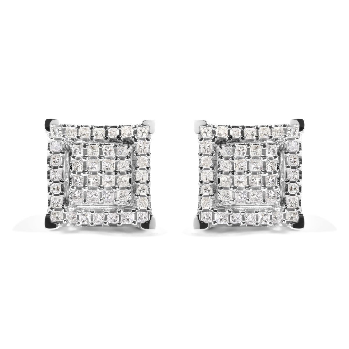 10K White Gold 1 1/4 Cttw Princess Diamond Composite Double Square and Halo Stud Earrings (I-J Color, I1-I2 Clarity)