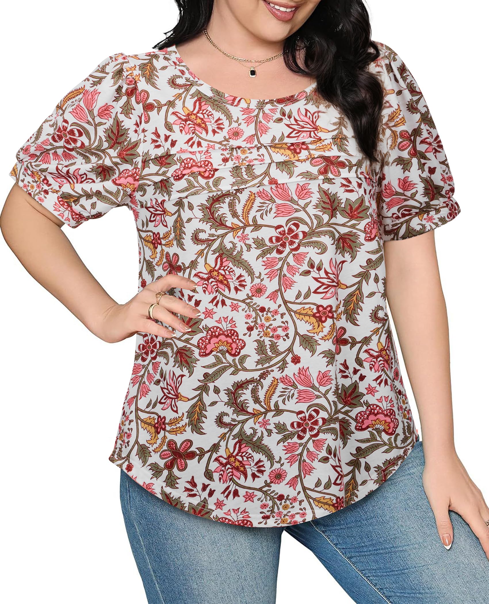 Uhiger Womens Summer Pleated Puff Sleeve Top Crewneck White Orange Flower Size S