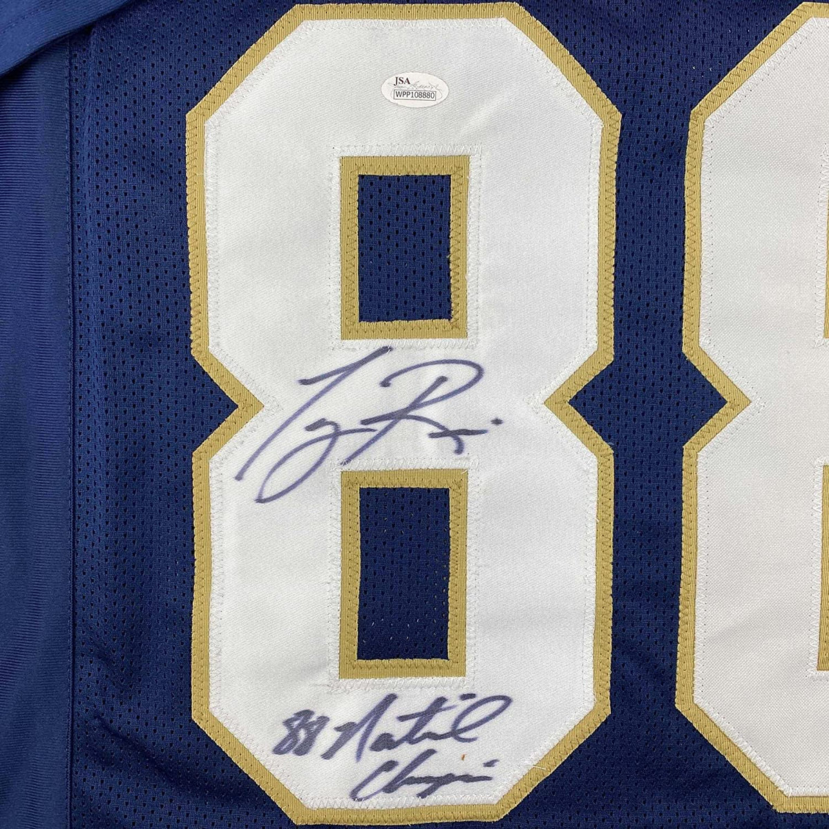 Framed Autographed/Signed Tony Rice 35x39 1988 National Champions Notre Dame Blue College Football Jersey JSA COA