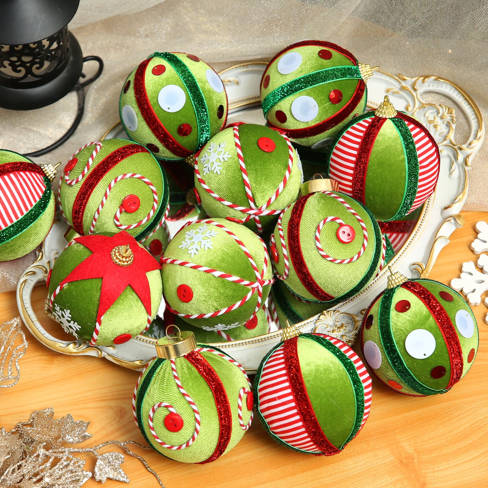 SUPREME XMAS 12 Pcs Velvet Christmas Ornaments Set 80mm Green Red White