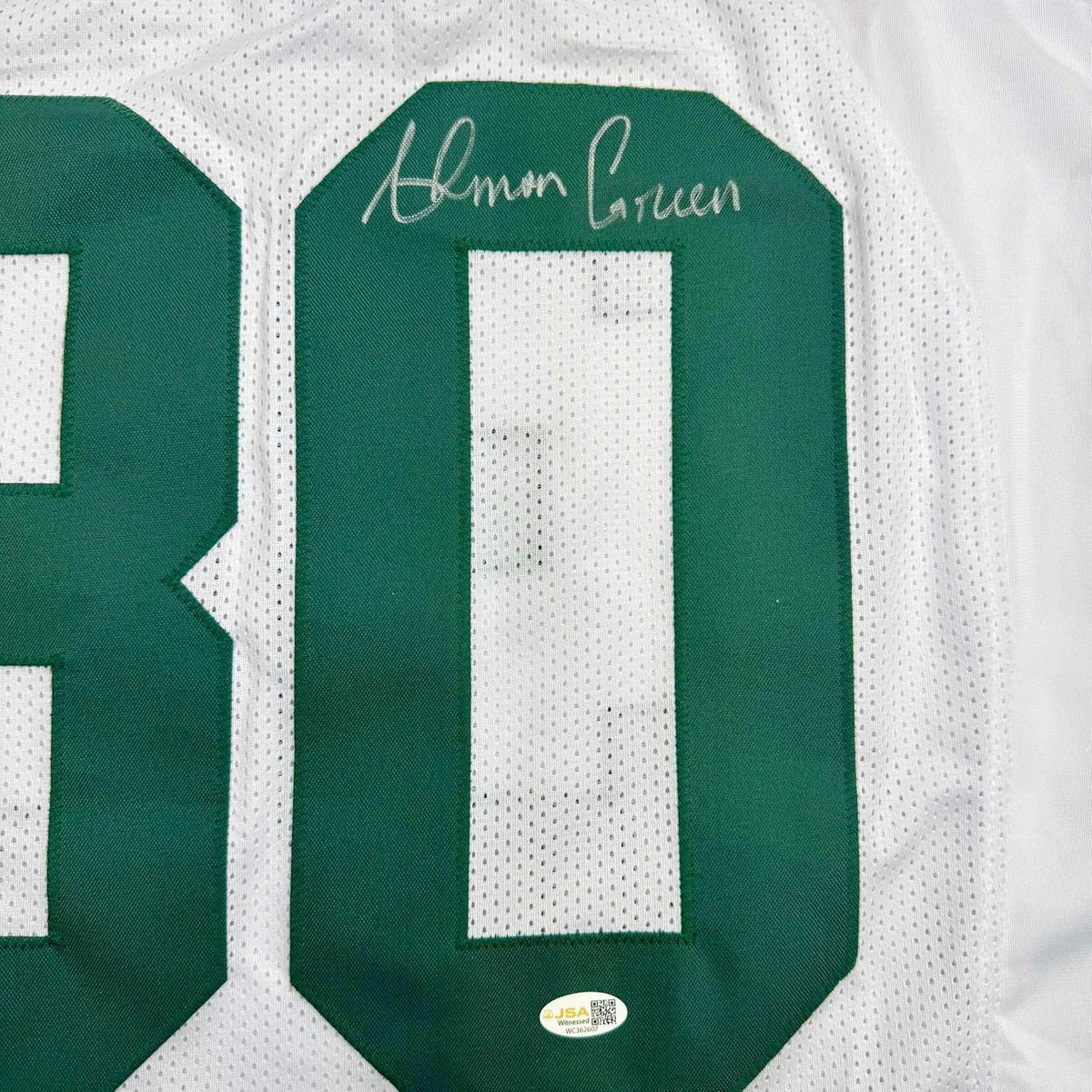 Framed Autographed/Signed Ahman Green 35x39 Green Bay White Football Jersey JSA COA