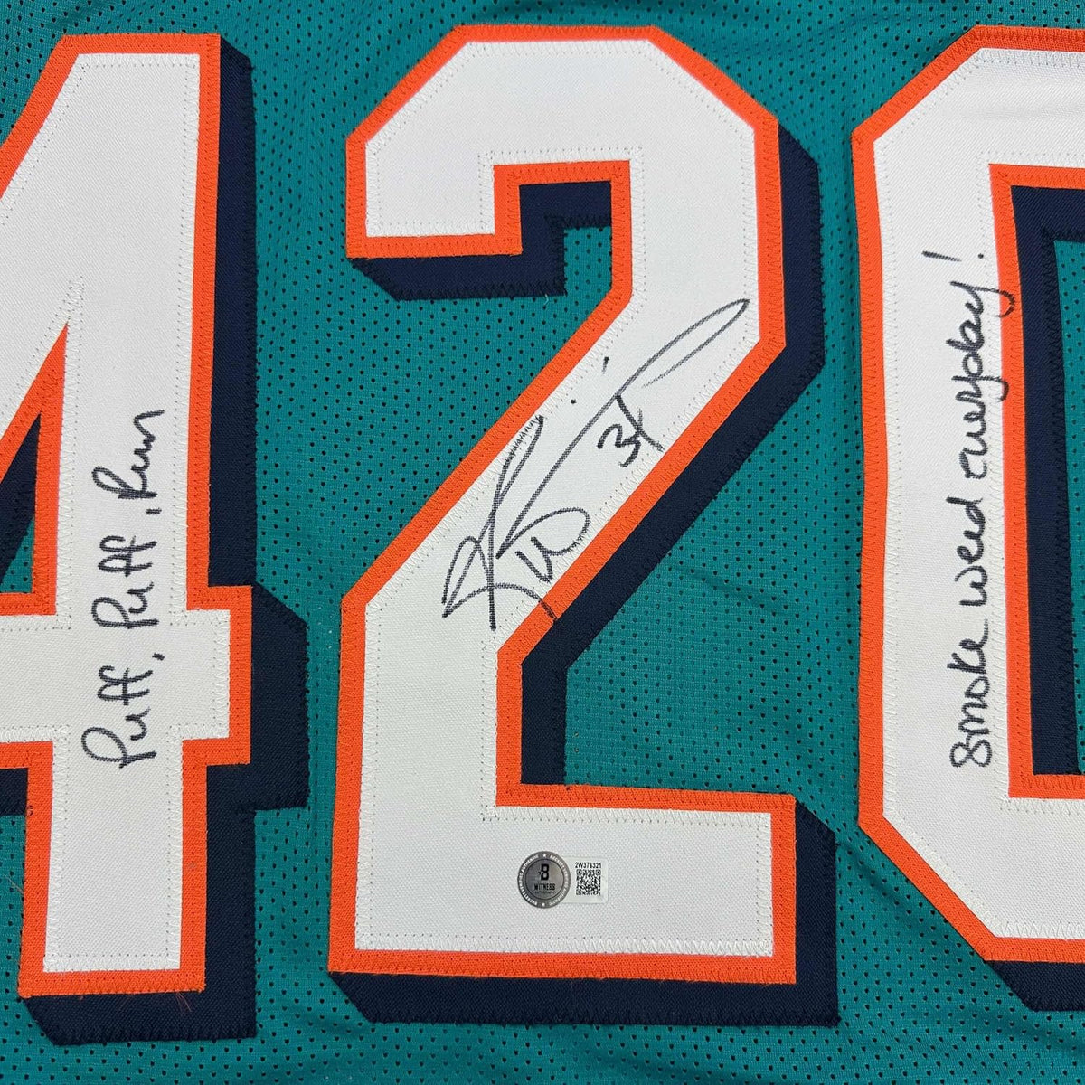 Framed Autographed/Signed Ricky Williams 35x39 Smoke Weed Everyday Puff Puff Run #420 Inscribed Miami Teal Football Jersey Beckett BAS COA