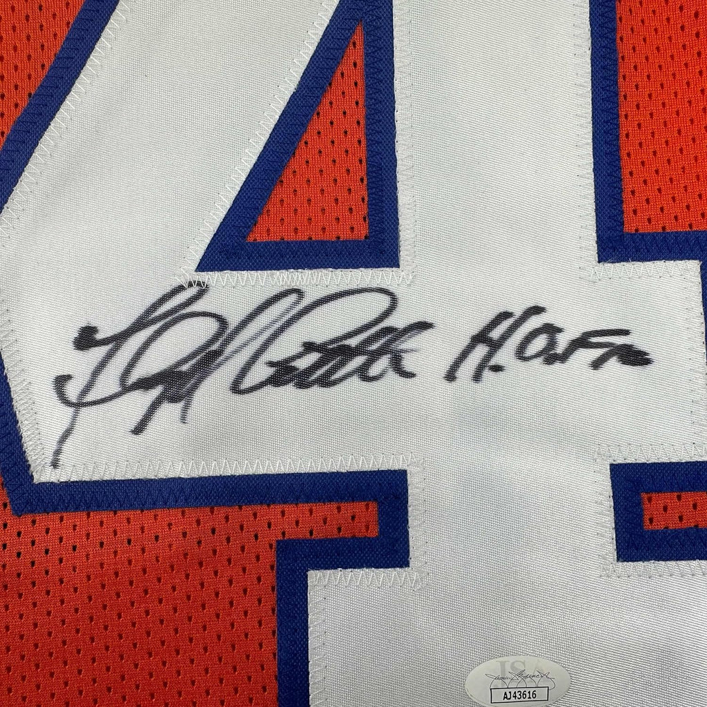Framed Autographed/Signed Floyd Little 35x39 HOF Denver Orange Football Jersey JSA COA