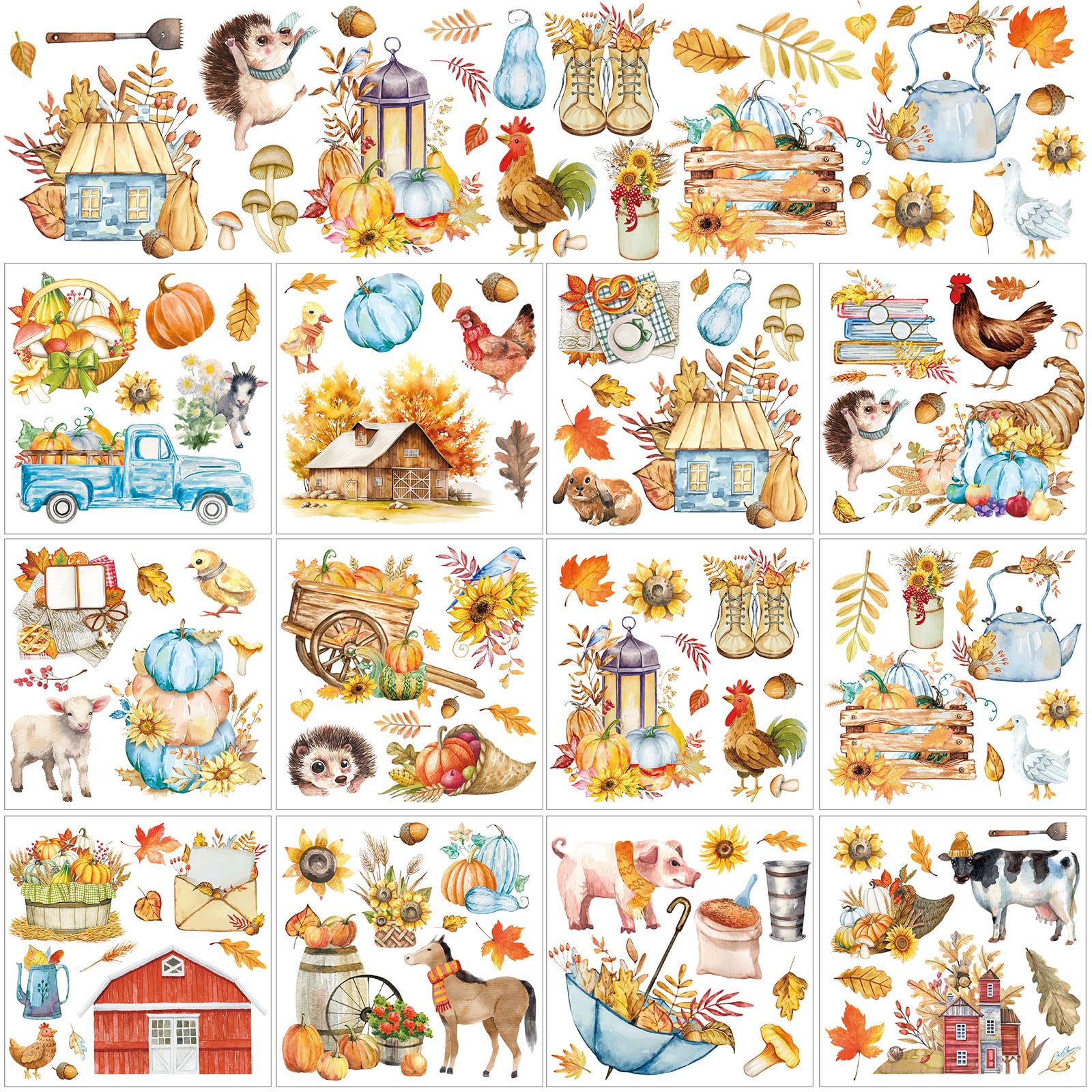 Whaline Fall Rub on Transfers 12 Sheets Autumn Pumpkin Farm Animal 5.9x5.9 Inch