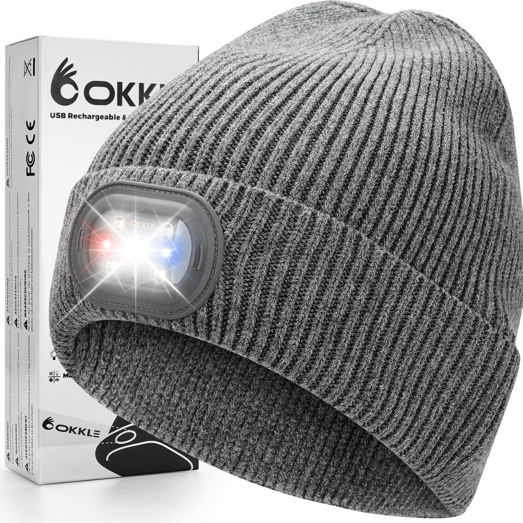 OKKLE Unisex USB-Rechargeable LED Beanie, Gray, One Size