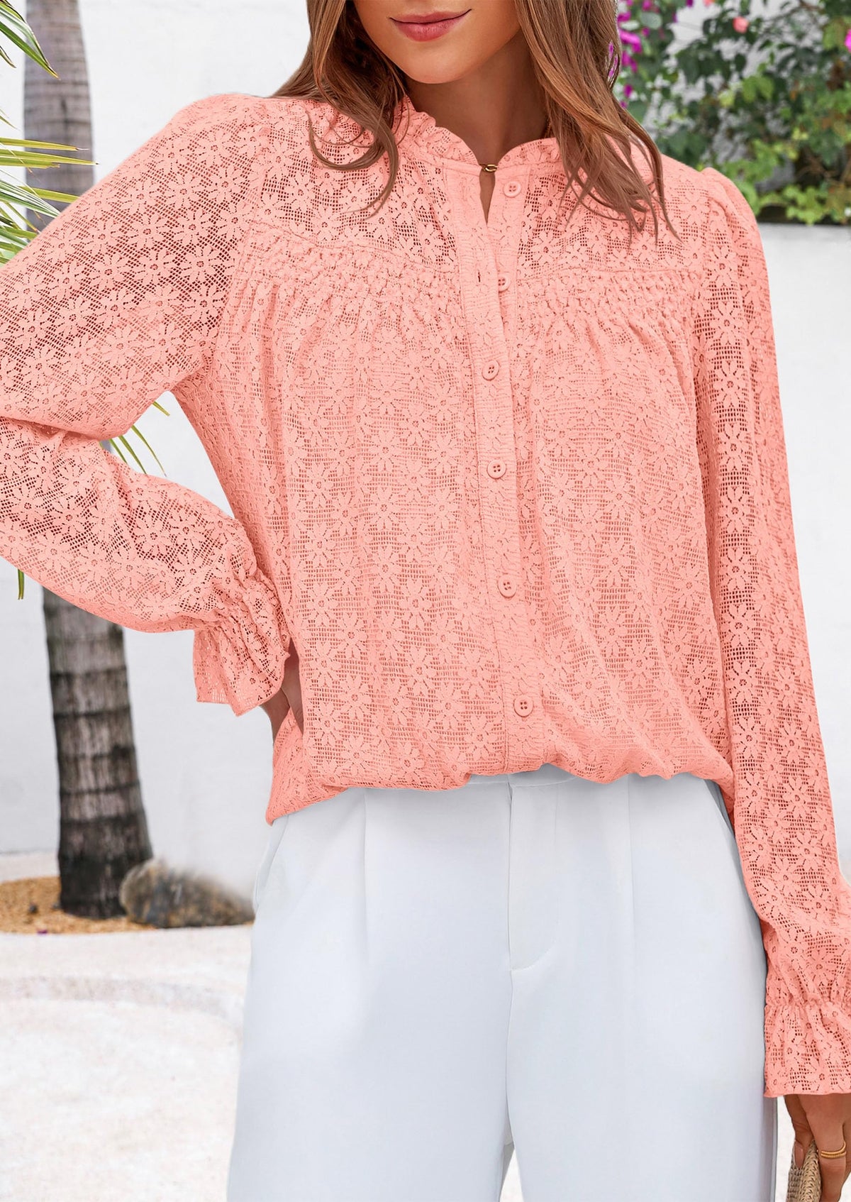 PRETTYGARDEN Women's Pink Eyelet Lace Blouse, Medium