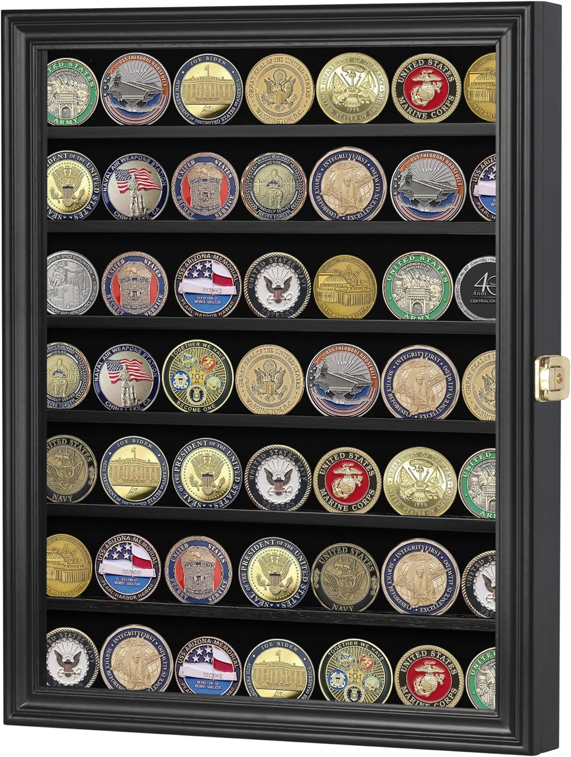 Lockable Military Challenge Coin Display Case Cabinet Rack Holder (Mahogany Finish)