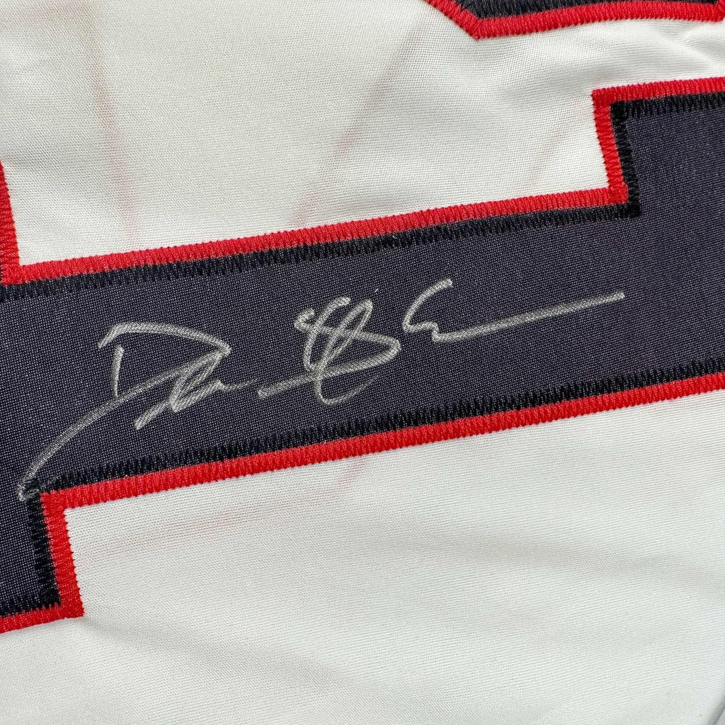 Framed Autographed/Signed Deion Sanders 35x39 Atlanta White Football Jersey Beckett BAS COA