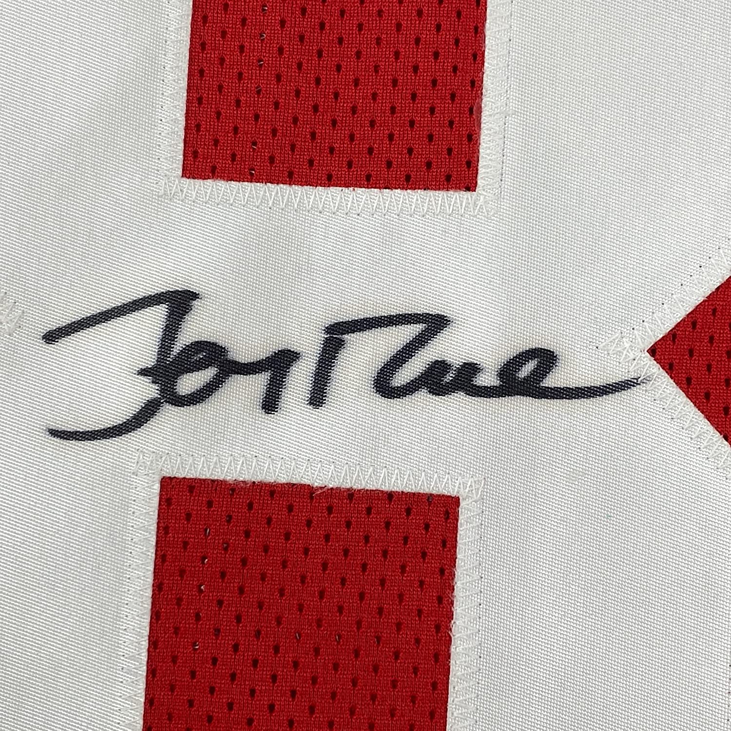 Framed Autographed/Signed Jerry Rice 35x39 San Francisco Red Football Jersey JSA COA