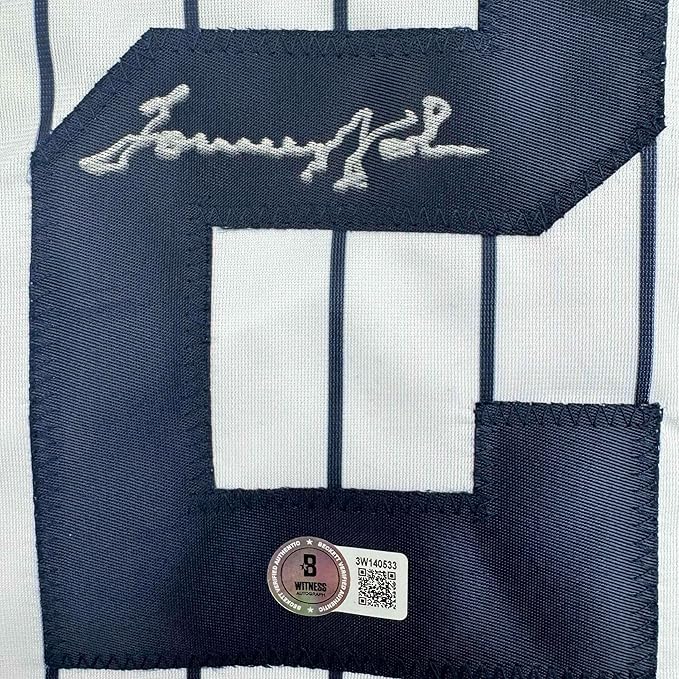 Framed Autographed/Signed Tommy John 35x39 New York Pinstripe Baseball Jersey Beckett BAS COA