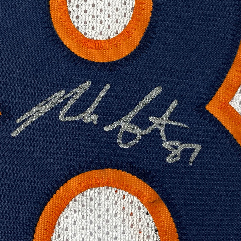 Framed Autographed/Signed Noah Fant 35x39 Denver White Football Jersey Beckett BAS COA