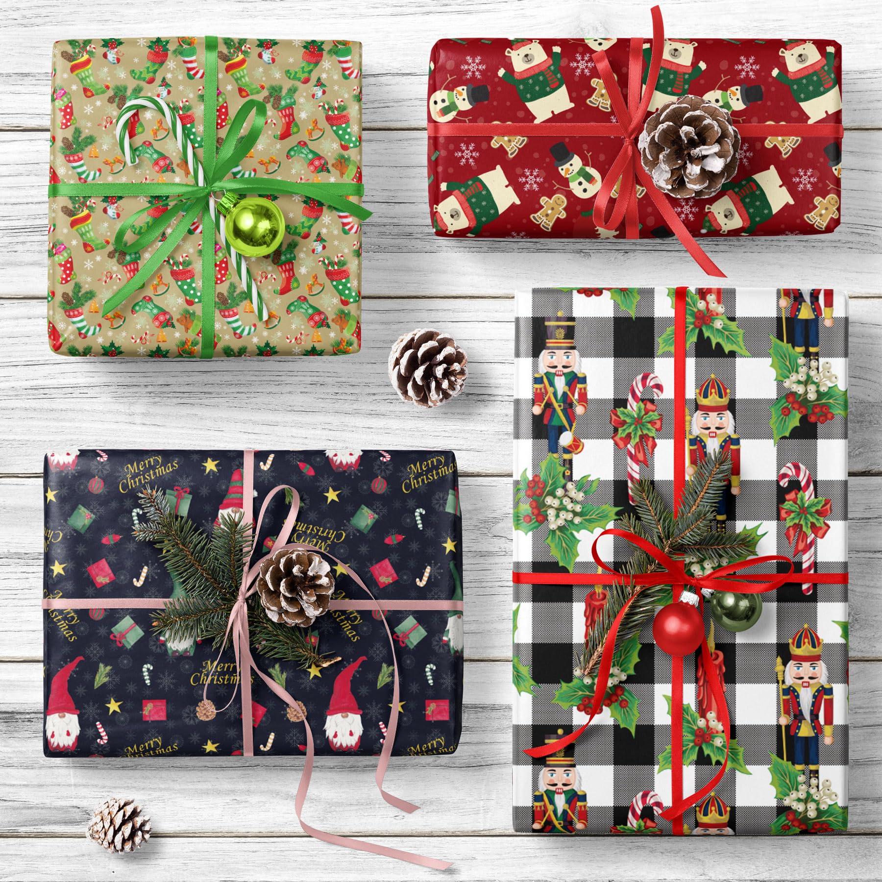 GIOLNIAY Gnome Christmas Wrapping Paper Navy Blue 4 Jumbo Sheets 28x40