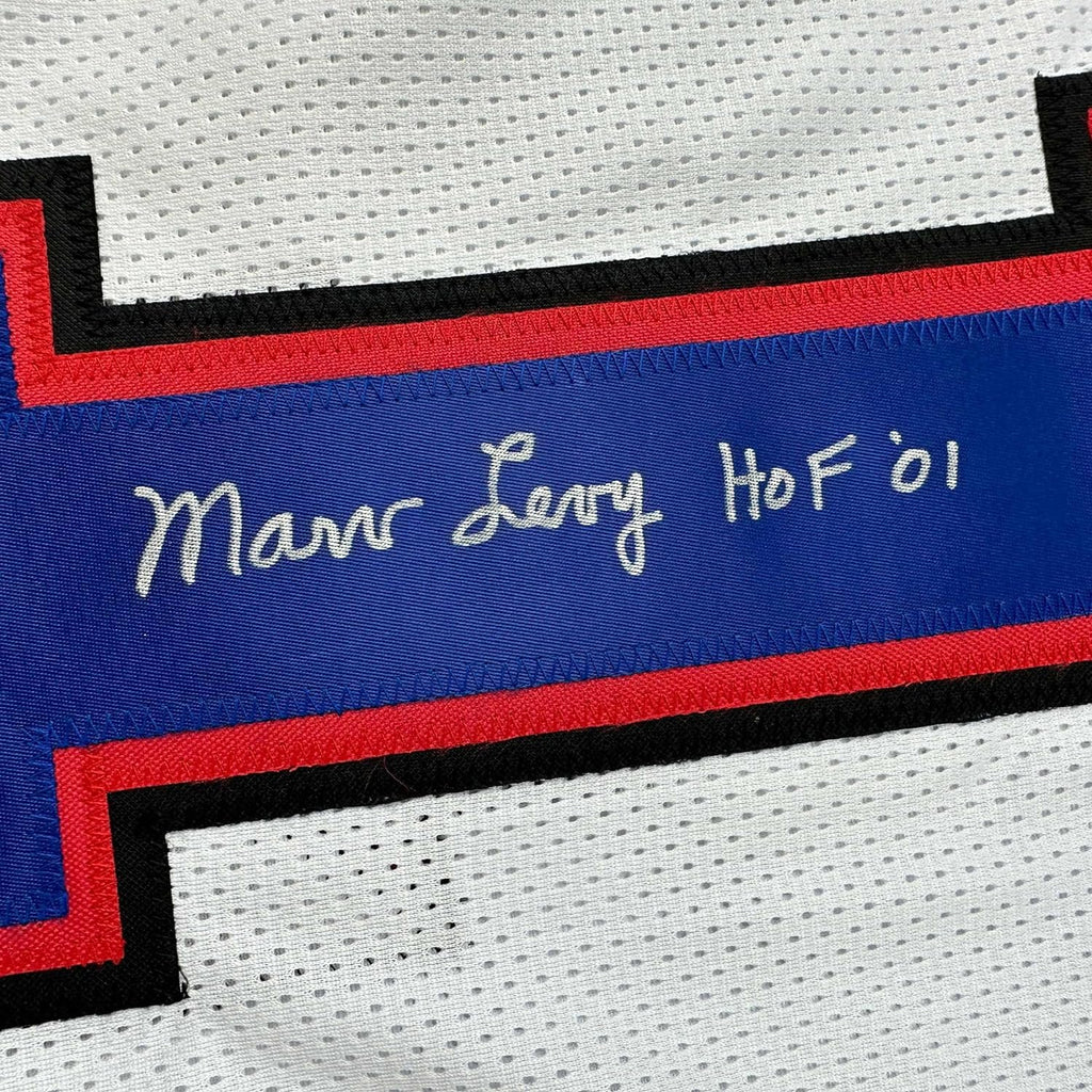 Framed Autographed/Signed Coach Marv Levy 35x39 HOF 01 Buffalo White Football Jersey Beckett BAS COA