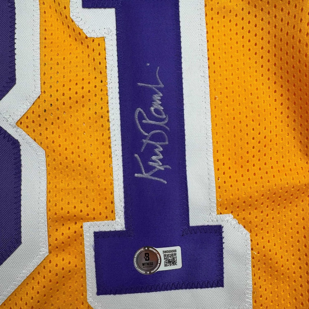 Framed Autographed/Signed Kurt Rambis 35x39 Los Angeles LA Yellow Basketball Jersey Beckett BAS COA