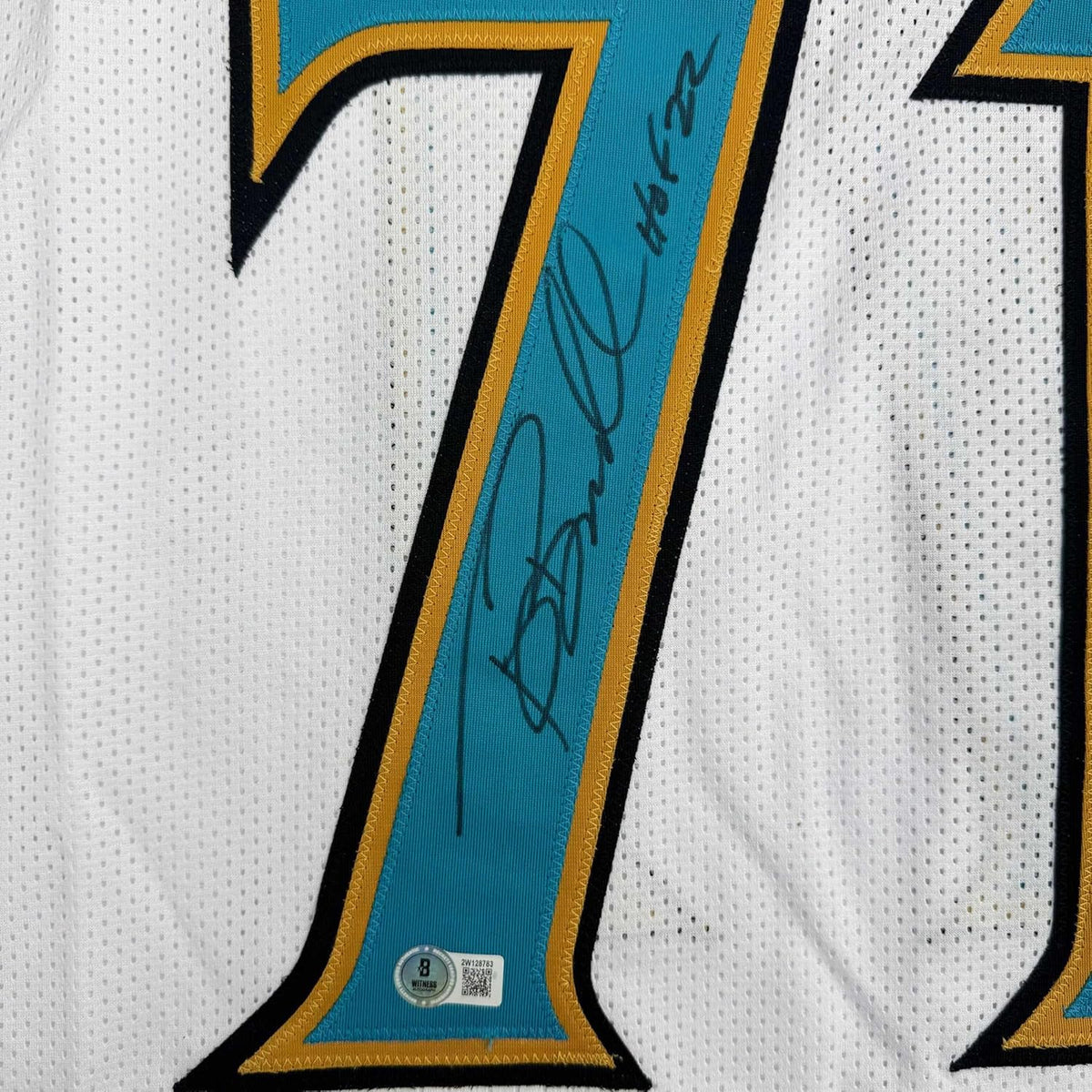 Framed Autographed/Signed Tony Boselli 35x39 HOF 22 Jacksonville White Football Jersey Beckett BAS COA