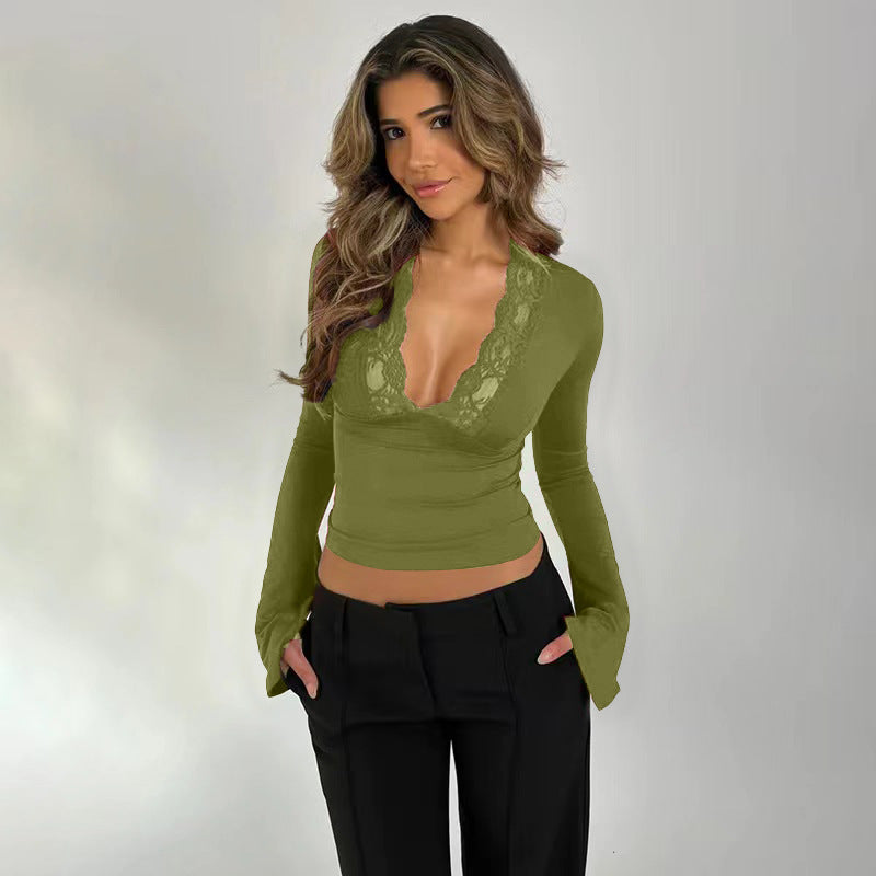 Summer New Product, Sweet And Spicy Style, Pure Color Lace Splicing, Slim Fit, Low-Neck, Exposed Chest, Slightly Flared Long-Sleeved Top