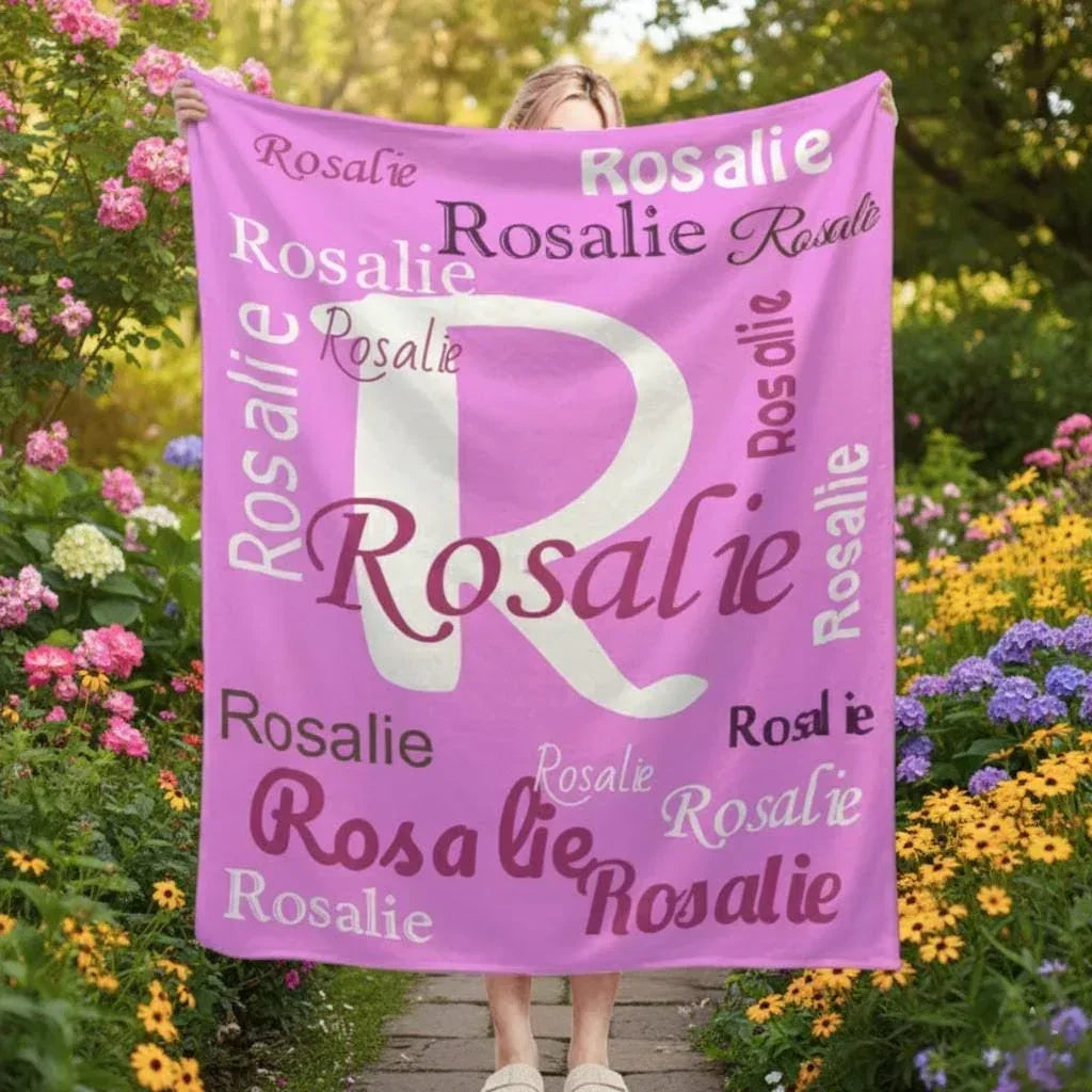 Your Letter and Name - Personalized Name Blanket: Pink & White Flannel Fleece Throw
