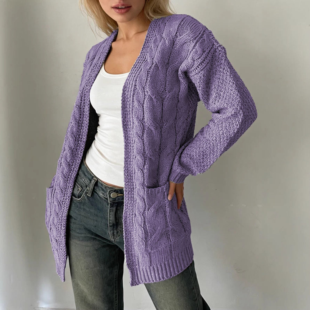 Solid-color Cable-knit Pocket Jacket For Women