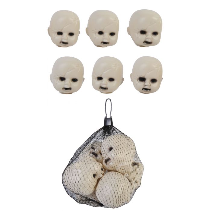 6 Plastic Small Creepy Doll Heads in Mesh Bag