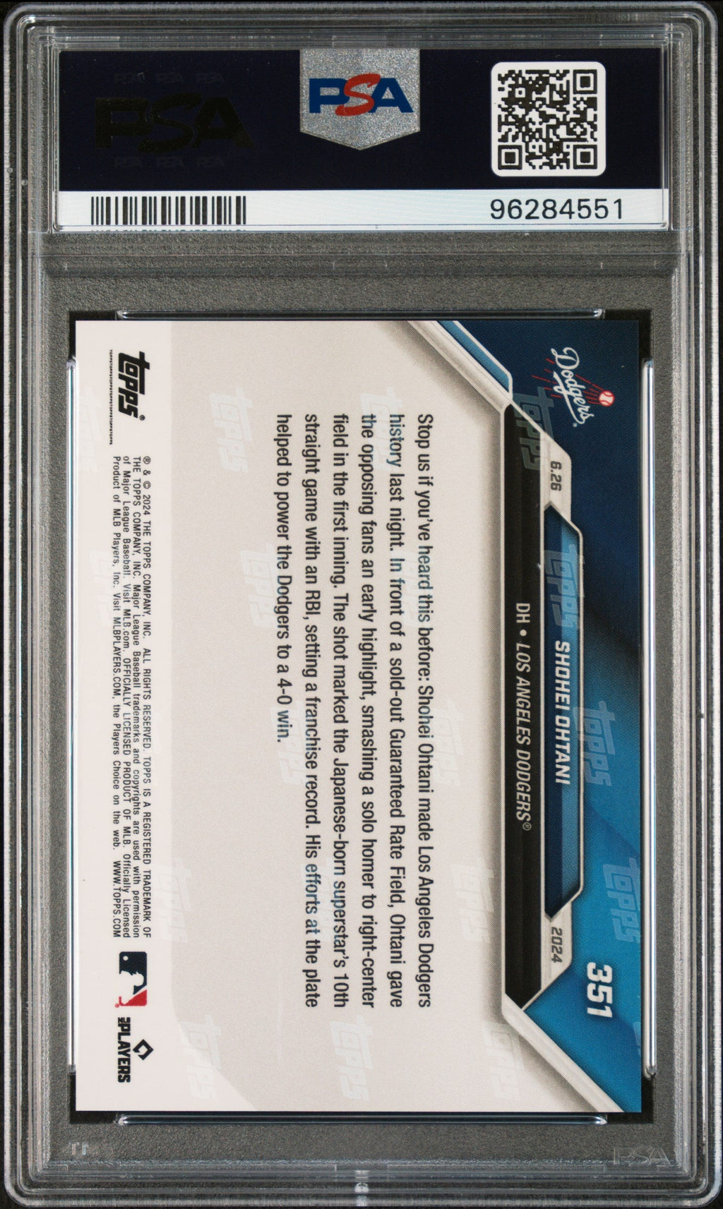 Graded 2024 Topps Now Shohei Ohtani #351 Sets Club Record For Most Consecutive Games with an RBI Baseball Card PSA 10 Gem Mint