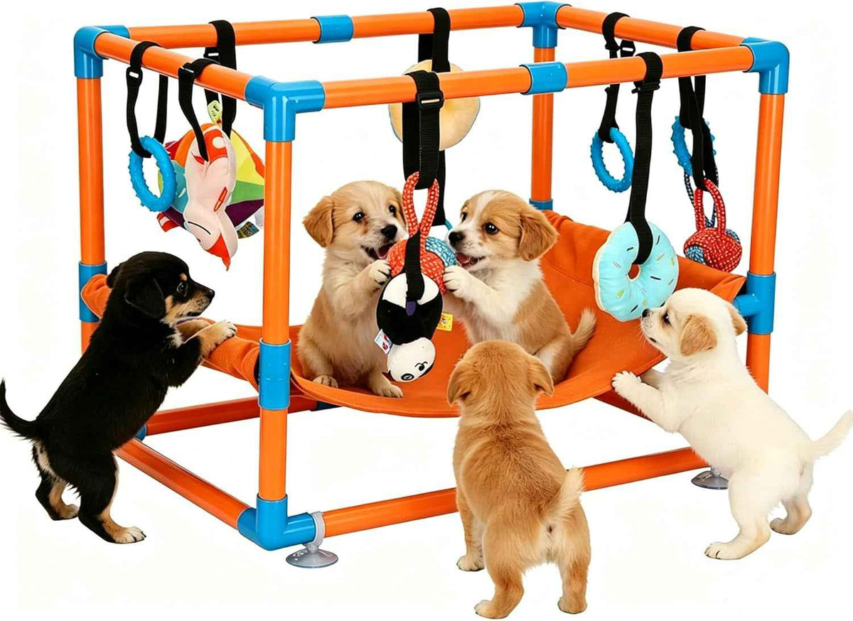 Indoor Puppy Play Gym with Hammock 8 Toys Dog Activity Center