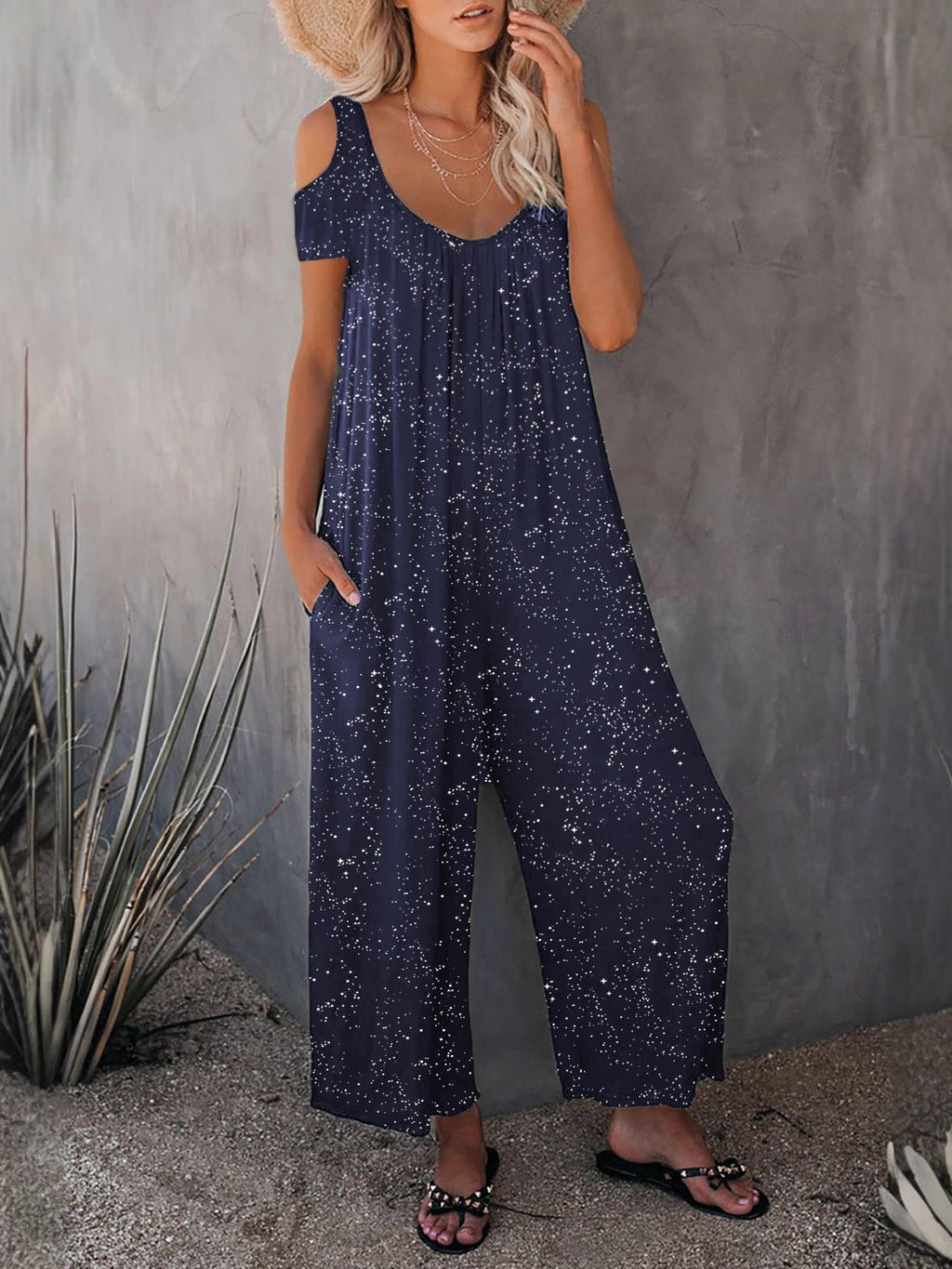 Fashionable Off-shoulder Sexy Powder-dusting Strap Jumpsuit With Long Pants
