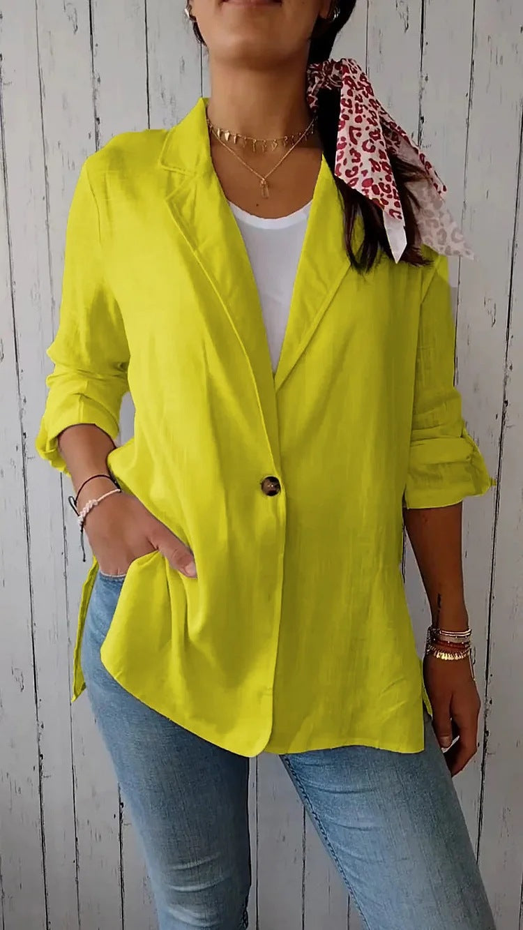 AutumnWinter Womens Cotton-linen Blazer With A Lapel And A Single Button