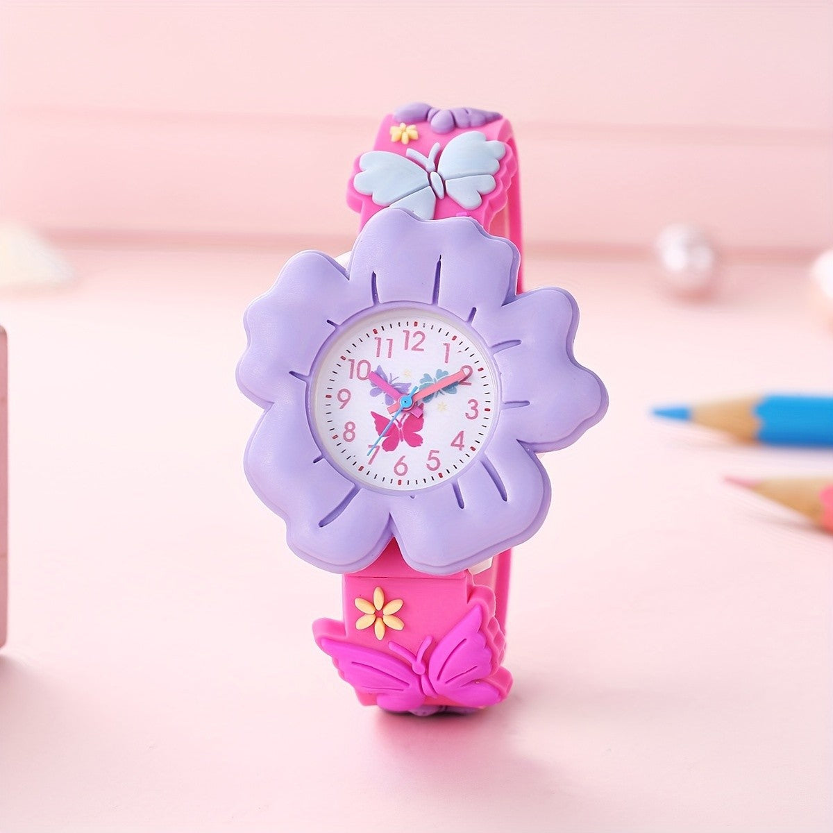 Student Girl Children Cartoon Color Cute Flowers Pattern Silicone Quartz Watch