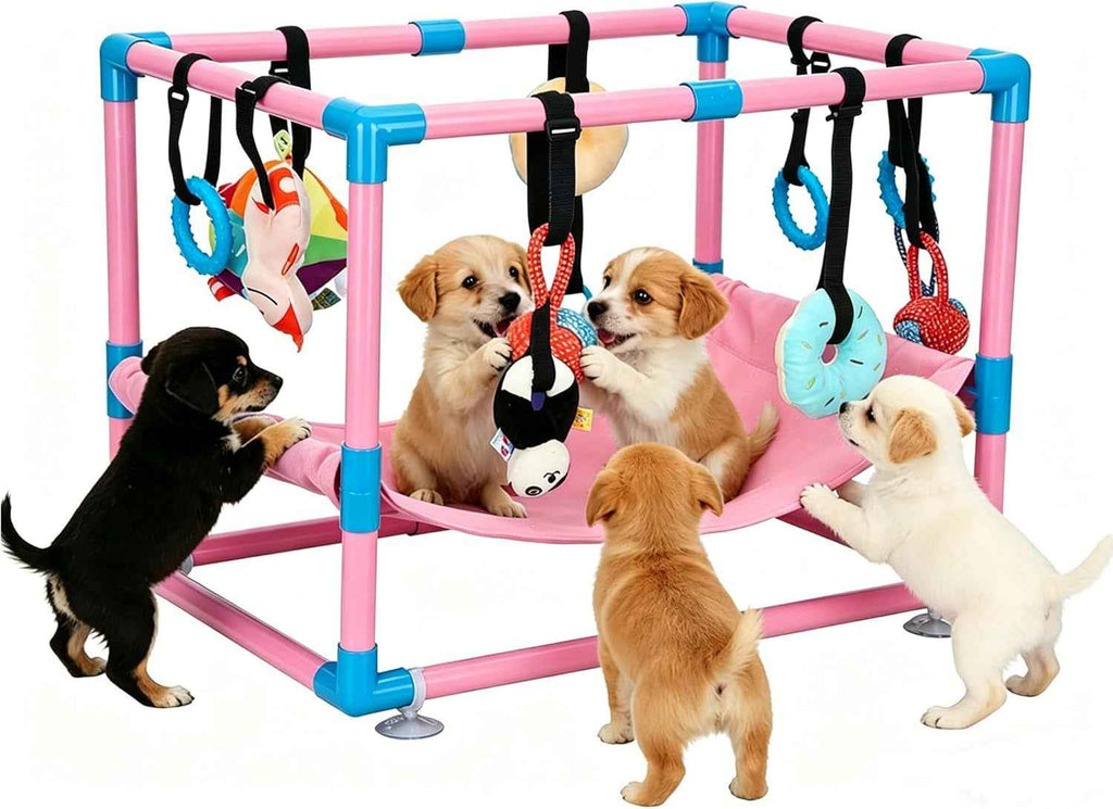 Indoor Puppy Play Gym with Hammock 8 Toys Dog Activity Center