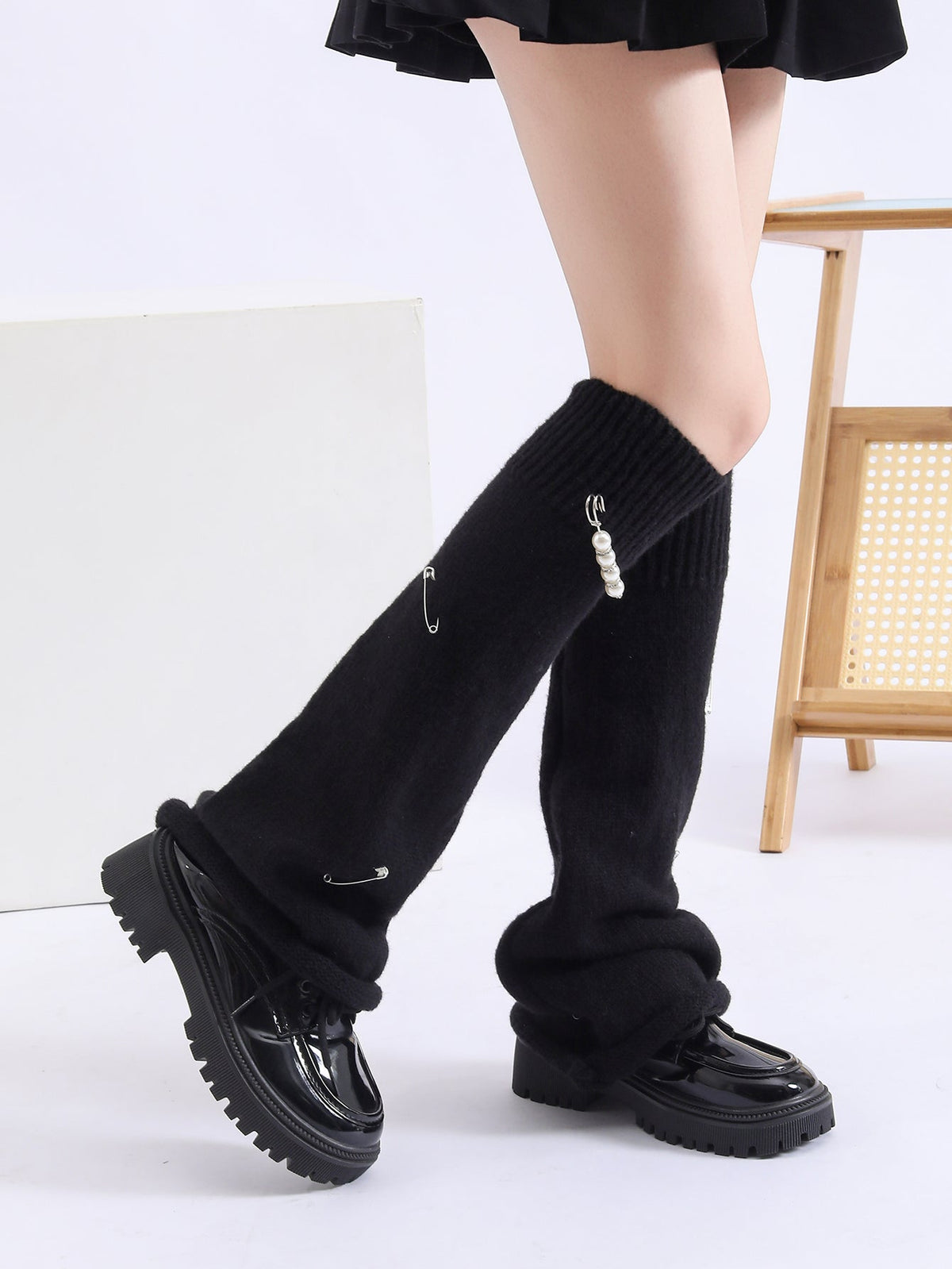 Y2K Girls Women Kawaii Harajuku Pearl Pin Decorated Flared Knitted Leg Warmer Goth Cute Lolita Socks Slouch Socks