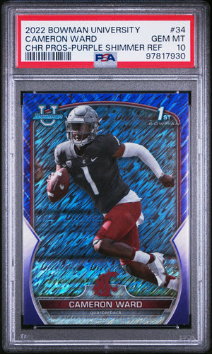 Graded 2022 Topps Bowman University Cam Ward #34 Chrome Prospects Purple Shimmer Refractor Rookie RC Football Card PSA 10 Gem Mint