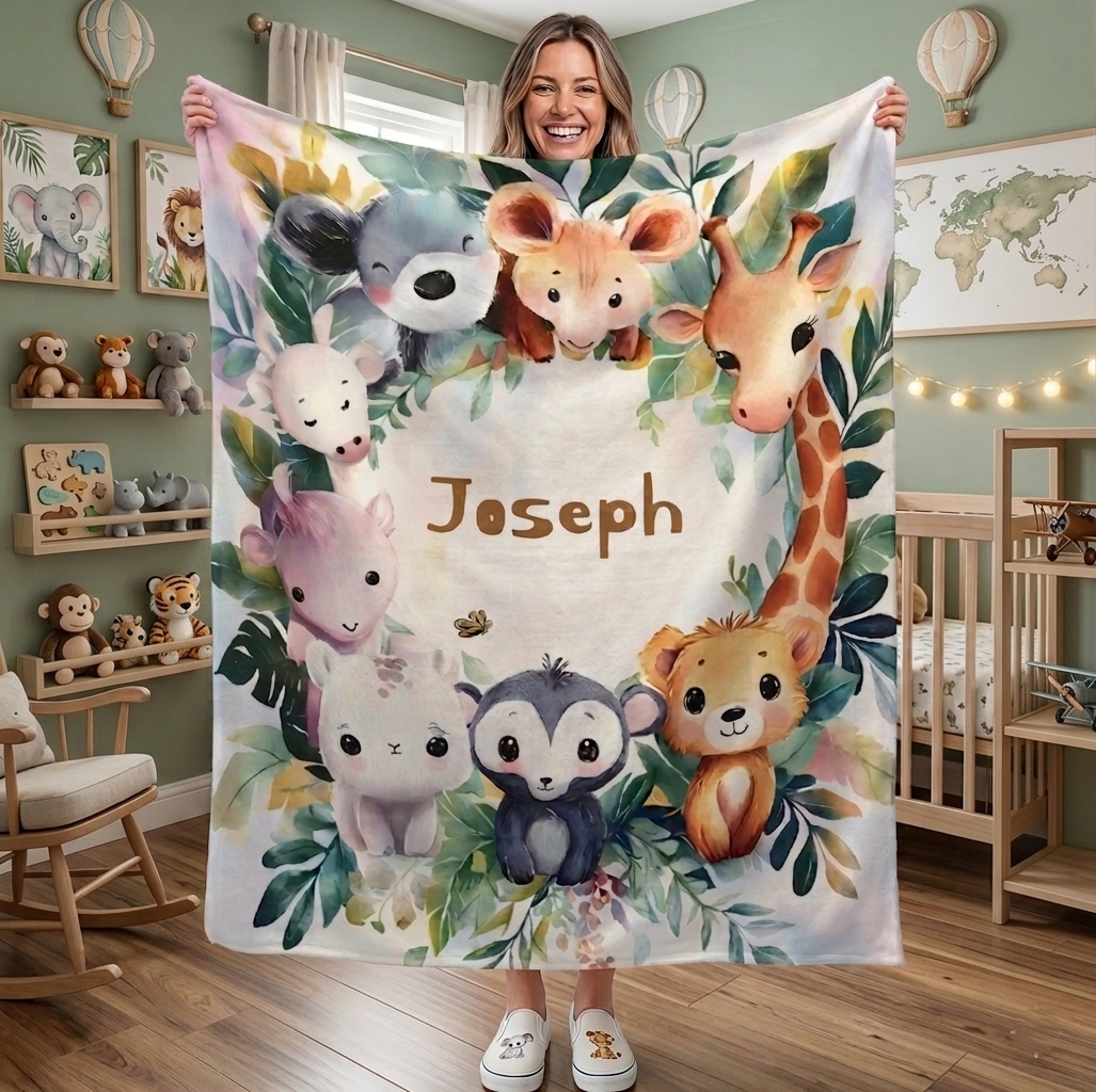 Personalized Safari Animals Blanket with Name | Custom Baby & Kids Gift