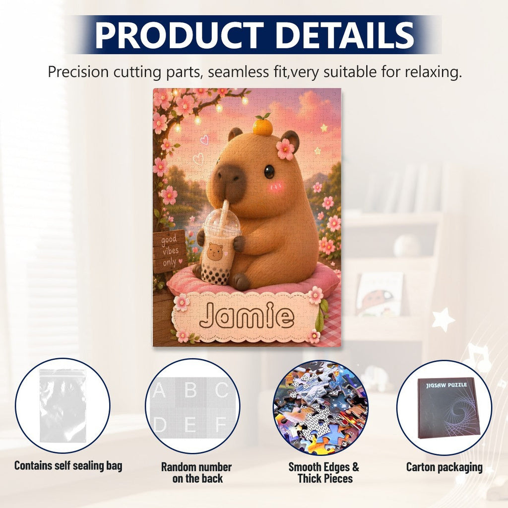 Personalized Capybara Jigsaw Puzzle – Custom Name Gift | 500 Pieces | Comes in a Box