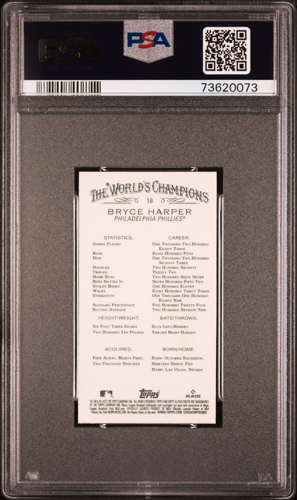 Graded 2022 Topps Allen & Ginter Bryce Harper #16 Mini Baseball Card PSA 10 Gem Mint