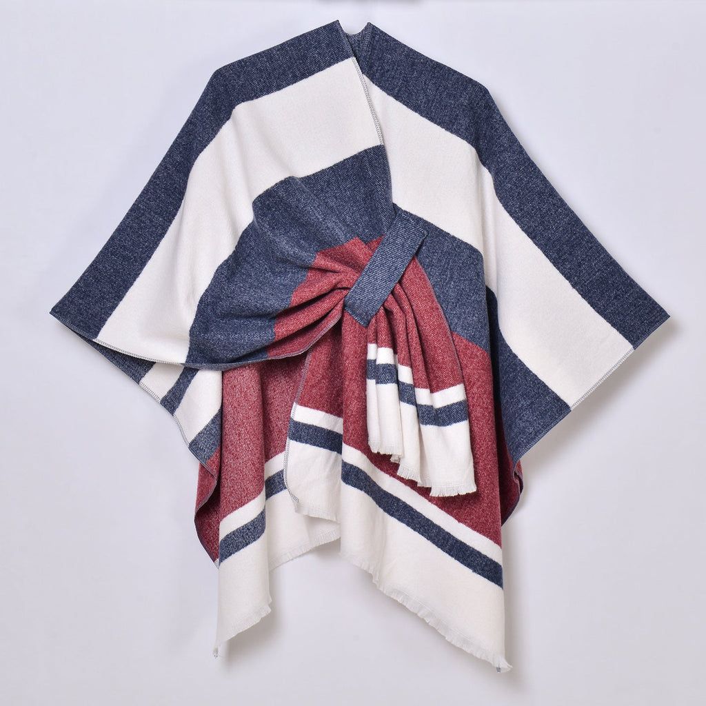 Womens Striped Tassel Cross-Strap Warm Cape Shawl
