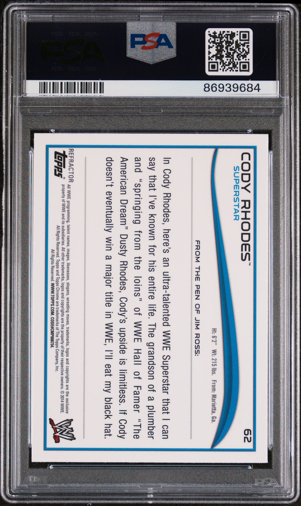 Graded 2014 Topps Chrome WWE Cody Rhodes #62 Atomic Refractor Card PSA 10 Gem Mint