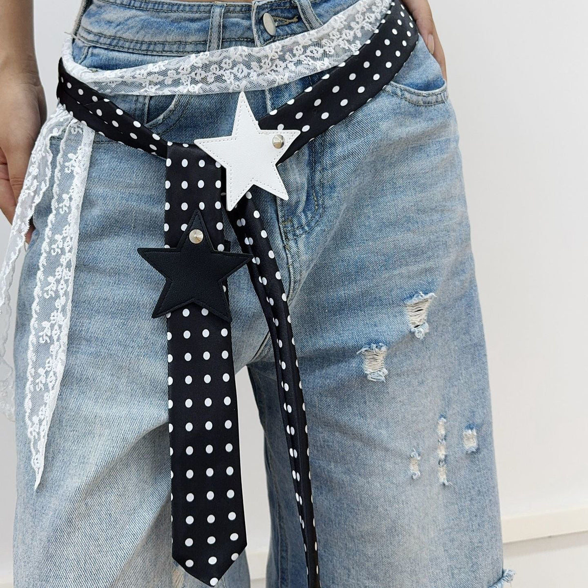 Polka-dot Silk Scarf Beltearly Autumn Styling With Denim Vintage Vibe