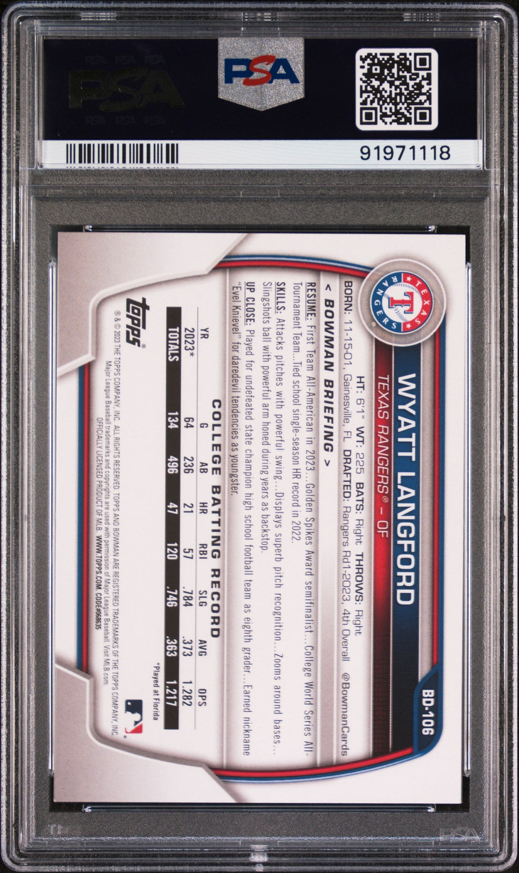 Graded 2023 Topps Bowman Draft Wyatt Langford #BD106 Rookie RC Baseball Card PSA 9 Mint