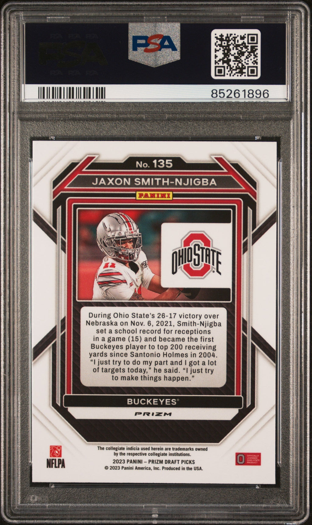 Graded 2023 Panini Prizm Draft Picks Jaxon Smith-Njigba #135 Gold Ice Rookie RC Football Card PSA 10 Gem Mint
