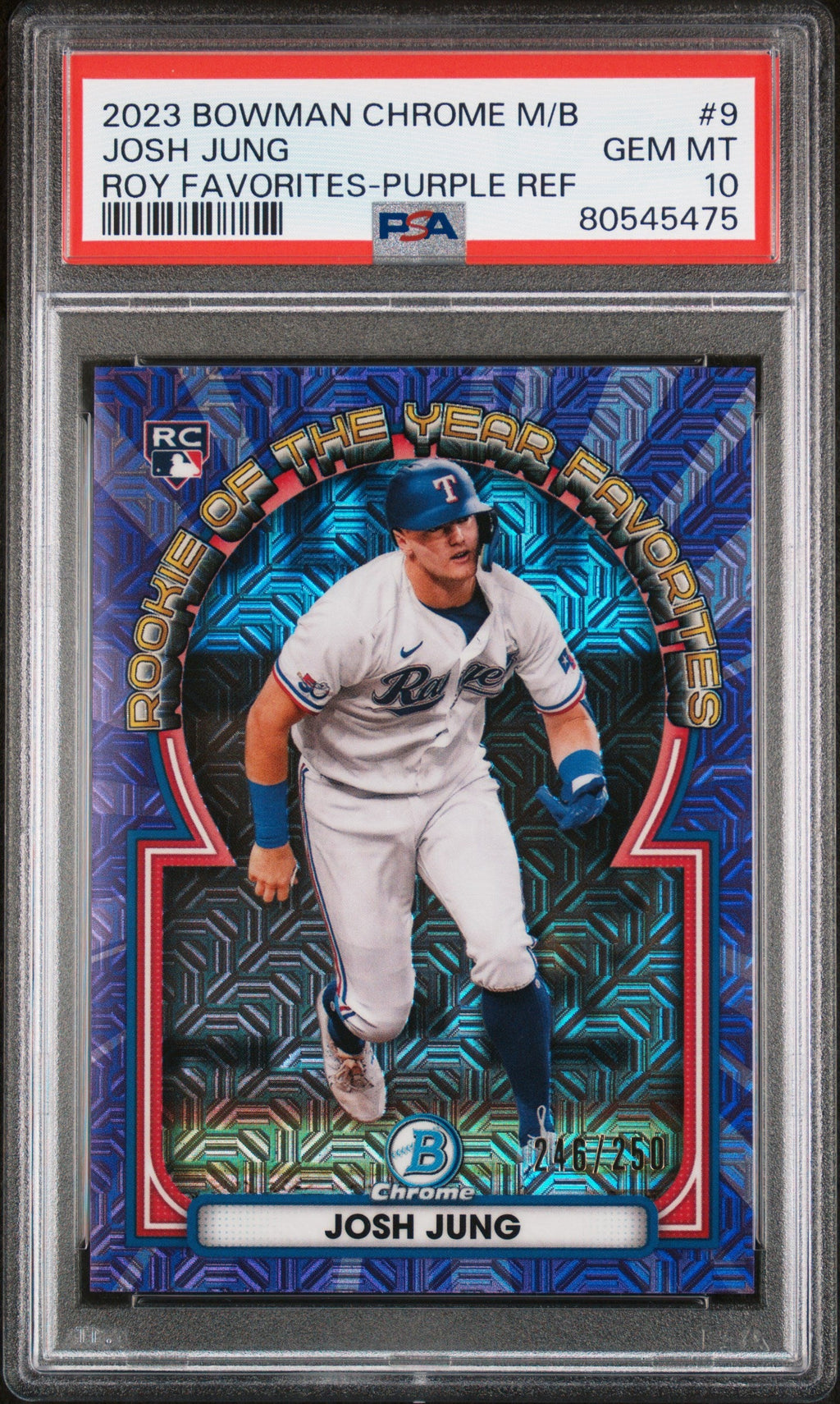 Graded 2023 Topps Bowman Chrome M/B Josh Jung #9 ROY Favorites Purple Refractor #/250 Rookie RC Baseball Card PSA 10 Gem Mint