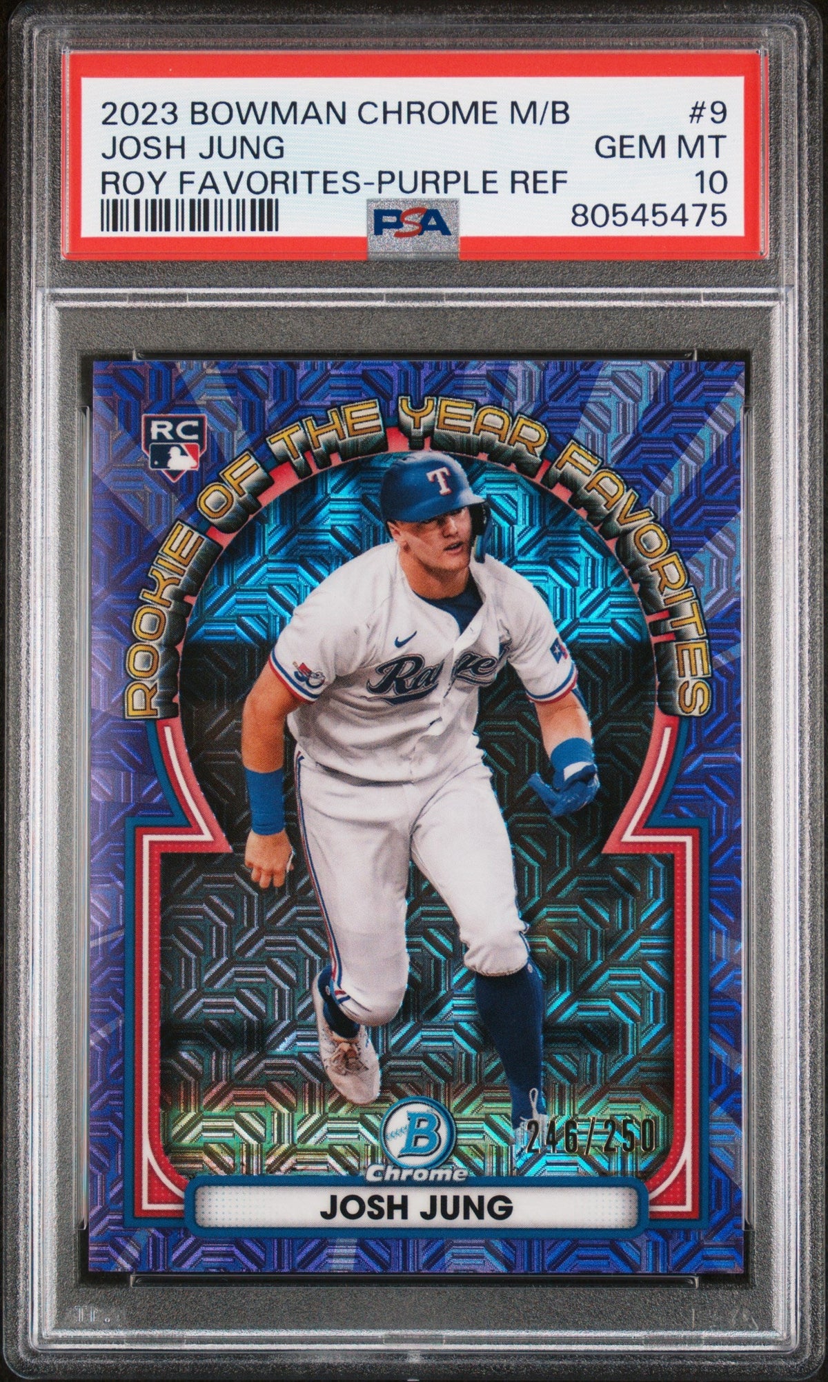 Graded 2023 Topps Bowman Chrome M/B Josh Jung #9 ROY Favorites Purple Refractor #/250 Rookie RC Baseball Card PSA 10 Gem Mint