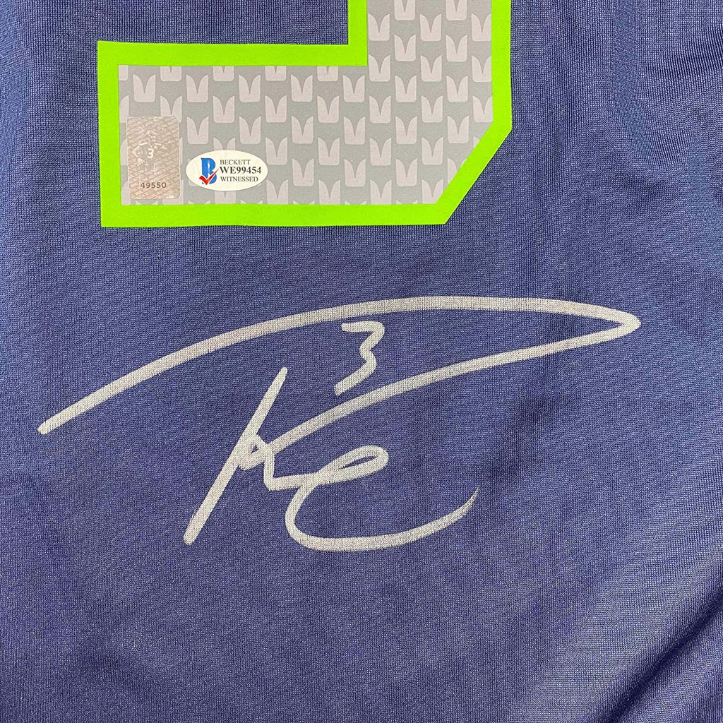 Framed Autographed/Signed Russell Wilson 35x39 Seattle Seahawks Blue Authentic Football Jersey Beckett BAS COA