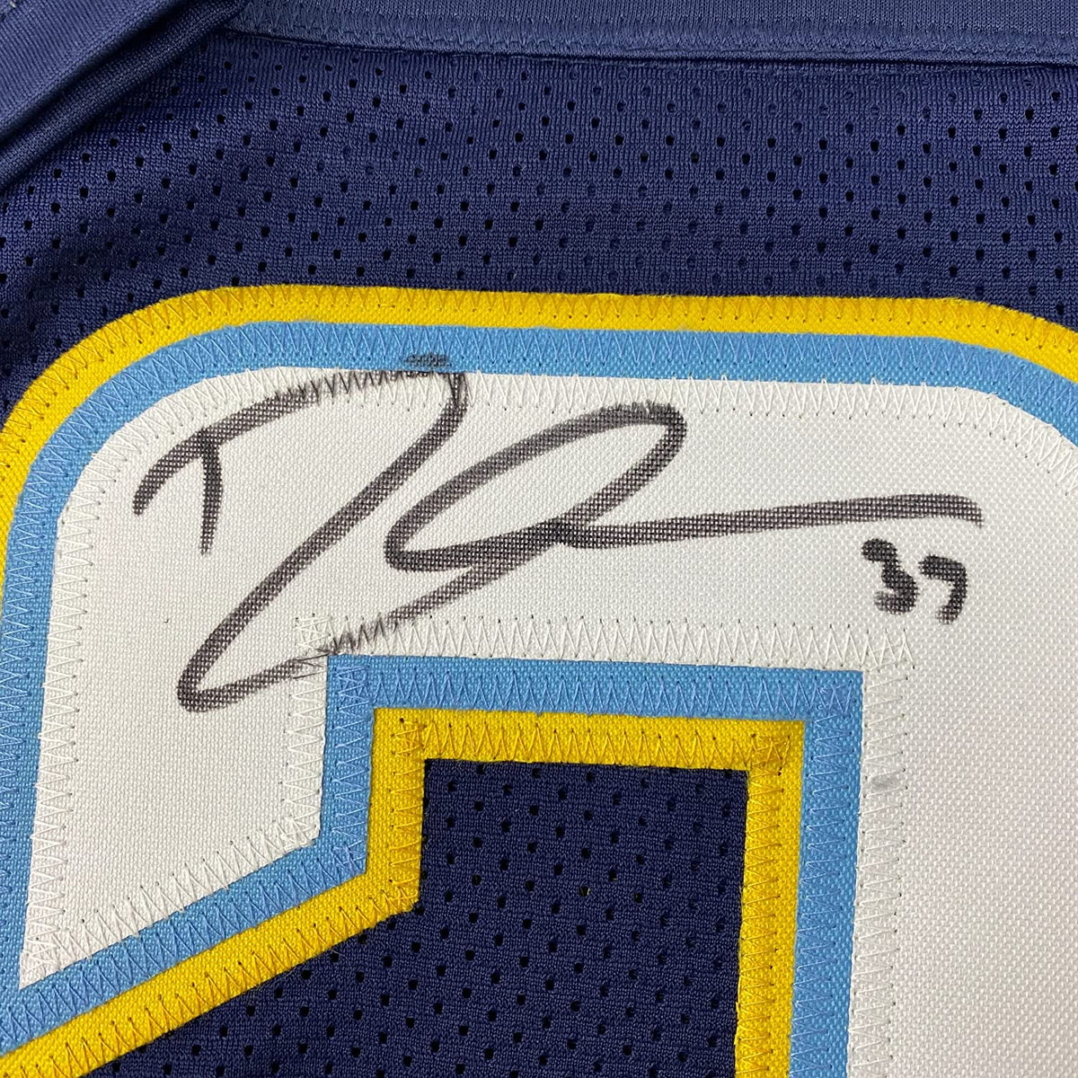 Framed Autographed/Signed Derwin James 35x39 Los Angeles LA Dark Blue Football Jersey Beckett BAS COA