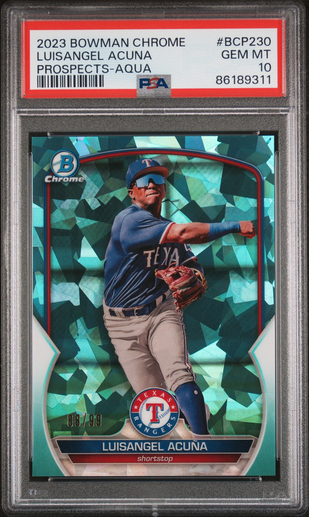 Graded 2023 Topps Bowman Chrome Luisangel Acuna #BCP230 Prospects Aqua #/99 Rookie RC Baseball Card PSA 10 Gem Mint