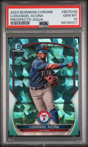 Graded 2023 Topps Bowman Chrome Luisangel Acuna #BCP230 Prospects Aqua #/99 Rookie RC Baseball Card PSA 10 Gem Mint