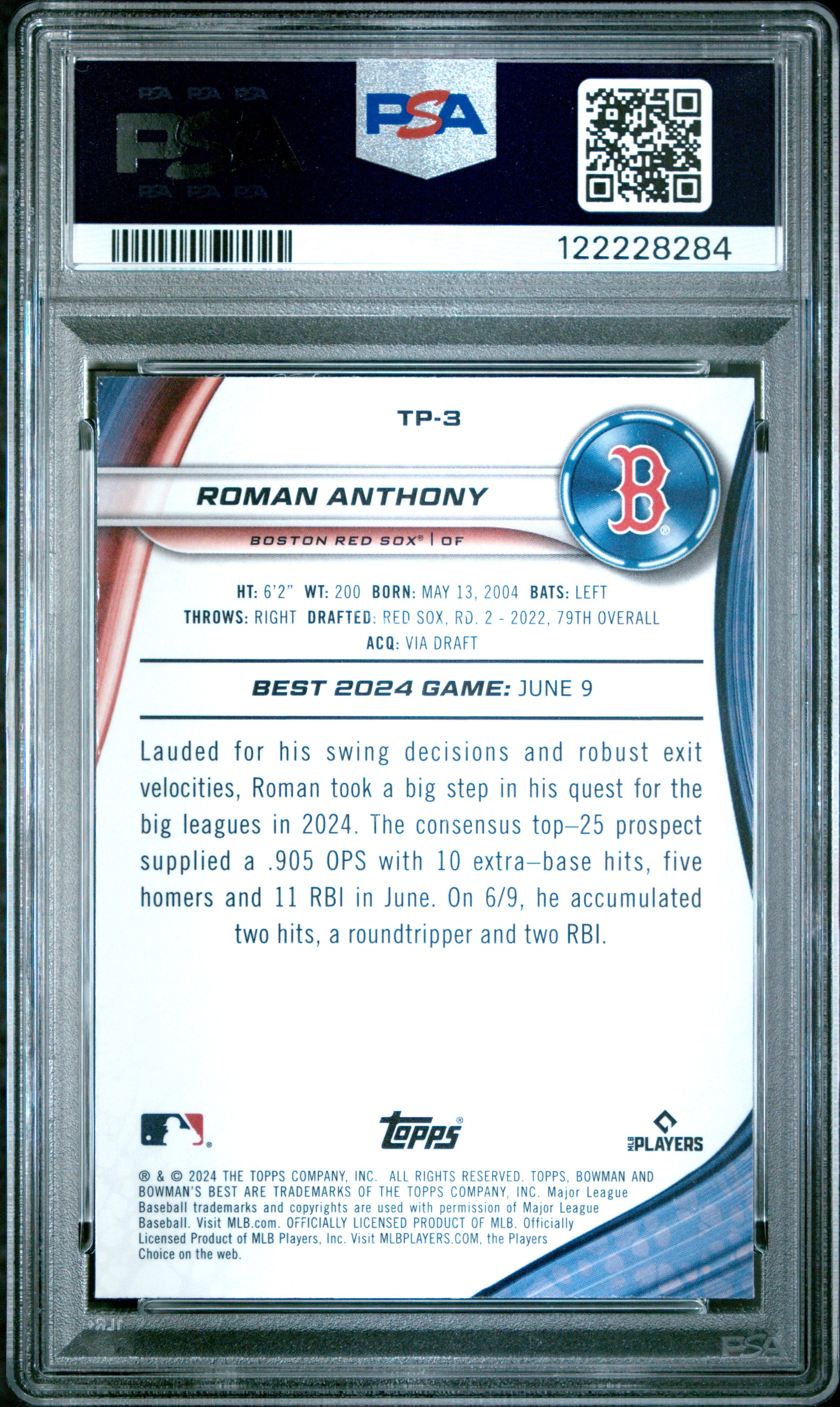 Graded 2024 Topps Bowmans Best Roman Anthony #TP3 Top Prospects Rookie RC Baseball Card PSA 8 Near Mint