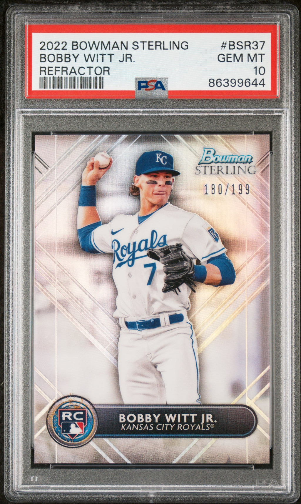 Graded 2022 Topps Bowman Sterling Bobby Witt Jr. #BSR37 Refractor #/199 Rookie RC Baseball Card PSA 10 Gem Mint